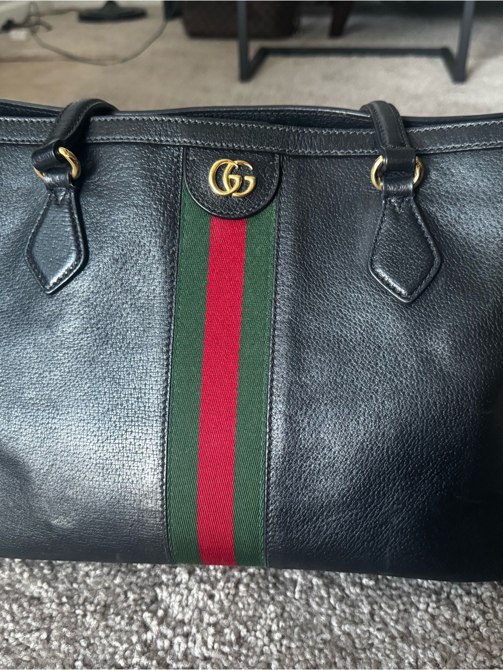 Gucci Ophidia Black Leather Tote with Green and Red Web Stripe and Gold Hardware